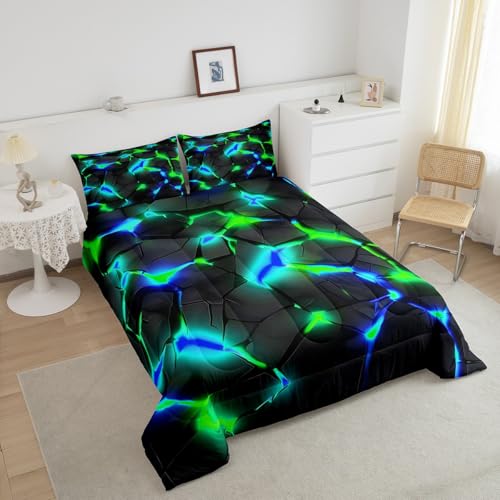 Image of Feelyou Kids Honeycomb Bedding Set King Size, Blue Green Hexagonal Duvet Insert Geometrical Comforter Set Boys Girls Teens Bedroom Decor Microfiber Bed Set