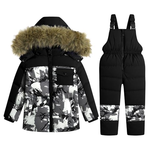 JiAmy Kids Winter Puffer Jacket and Snow Pants 2-Piece Snowsuit Ultralight Skisuit Set Black,110 3-4 Years