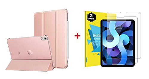MoKo Case Fit New iPad Air 4th Generation 2020- iPad 10.9 Case Slim Lightweight Smart Shell Stand Cover with Tempered Glass Screen Protector for iPad 10.9 inch, Auto Wake/Sleep-Rose Gold