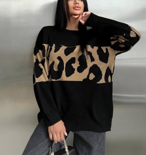 CHARTOU Women Fall Winter Leopard Sweater Casual Oversized Crew Neck Long Sleeve Pullover Sweater Knitted Tops2