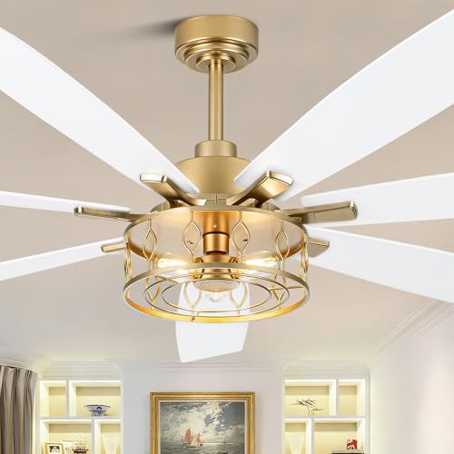 Image of 72 inch White and Gold Ceiling Fan with Lights Fandelier Ceiling Fan | Modern Caged Chandelier, Farmhouse Fandeliers with Lights and Remote for Living Room Indoor, Reversible DC Motor 6 Speeds