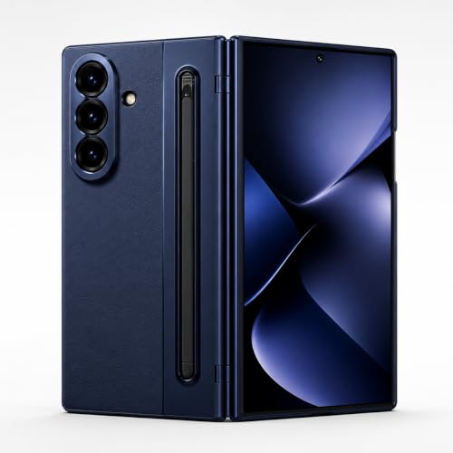 Image of amazon basics Premium Genuine Leather Case for Samsung Galaxy Z Fold 8 Ultra - Slim Fit Luxury Business Cover with Built-in S Pen Slot & Magnetic Hinge Protection - Midnight Blue