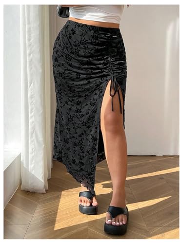 SHENHE Women's Plus Size Floral High Waist Slit Skirt Ruched Drawstring Asymmetrical Boho Long Skirt3