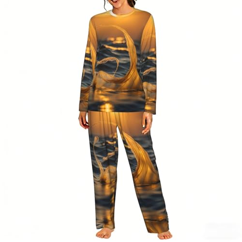XTYGETY Conjunto de pijama cómodo con estampado de cola de sirena para mujer, ropa de descanso informal de manga larga para mujer, 2 piezas, Negro, XXL
