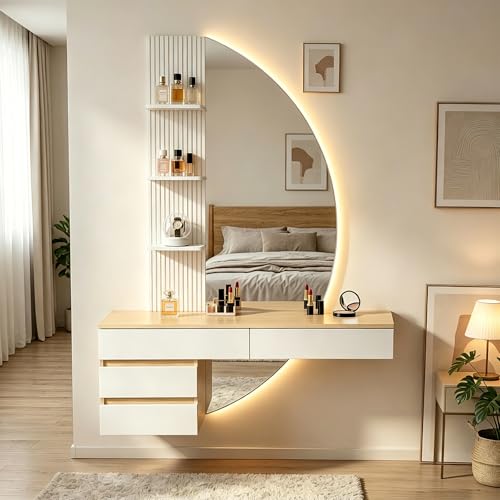 TRIUMPHKEY Tocador de Pared con Espejo en Forma de Media Luna y Luz LED Regulable, Mesa de Maquillaje Flotante con 4 Cajones y 3 Estantes, Tocador Moderno de Ahorro de Espacio para Dormitorio (Blanco)