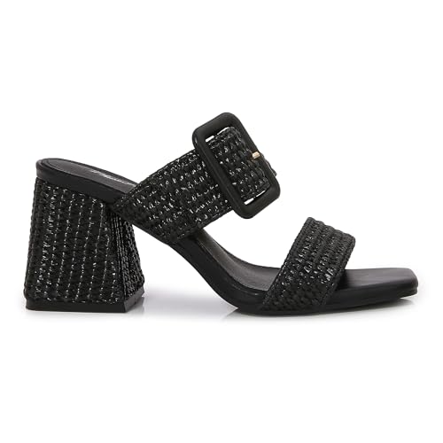 Image of Women's Raffia Slide Sandals Square Open Toe Heeled Sandals Two Strap Mules Slip On Block Chunky Heels Sandals for Women