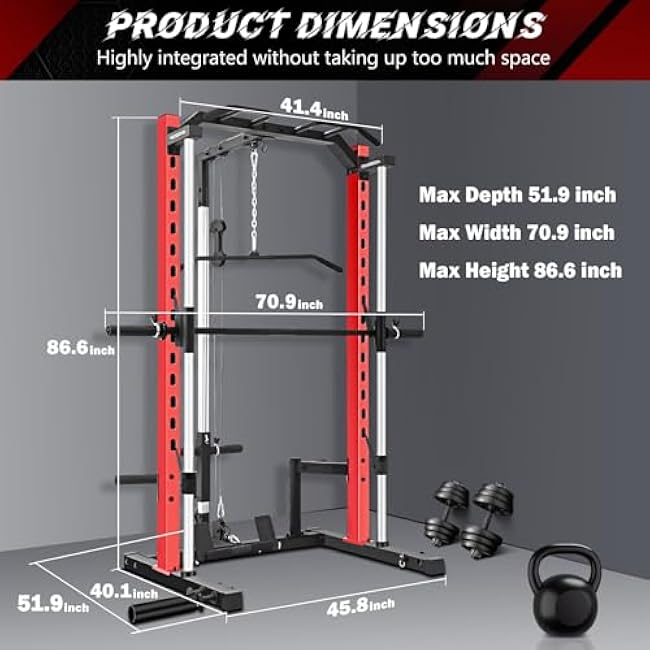 OPPSDECOR Smith Machine Squat Rack with LAT-Pull Down Multifunctional Power Rack with Cable Crossover Machine Power Cage with Barbell Bar Full Body Training Attachments for Home & Garage Gym