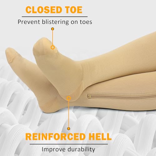 Image of CASMON 2 Pairs Zipper Compression Socks for Women & Men,15-20 mmHg Closed Toe Knee High Support Sock for Varicose Vein Edema
