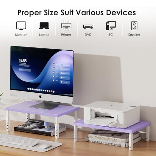 Image of ECOLOVI Adjustable Wood Computer Monitor Stand Riser, Office Desk Organizer and Accessories for Monitor, Laptop, PC, Printer, Office Desk Accessories Workspace Organizer for Home Office Supplies, Purple