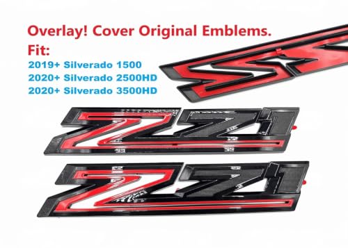 Image of 2X Large Size Z71 RH LH Side Fender Emblem Nameplate Badge Decal Replacement for 2019-2021 Chevy Silverado (Overlay Gloss Black Red)
