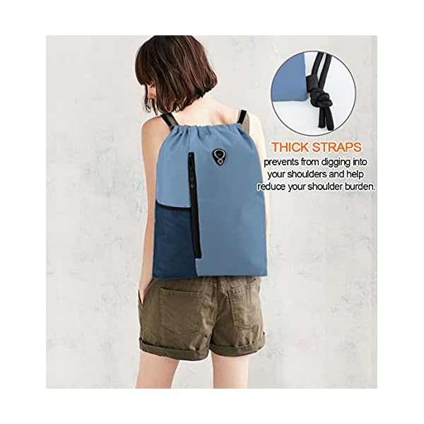 BeeGreen Blue Drawstrings Backpack Gym Sack For Men With Water Bottle Pocket &Front Zippered Pocket Large Sting Bags For WomenTraveling Yoga Beach Outdoor Gym