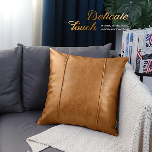 Image of BRAWARM Tan Leather Throw Pillow Covers 20 X 20 Inches - Faux Leather Pillow Cover with Piping, Hand Stitched Leather Throw Pillow for Couch Sofa Bed Living Room Home Decorative