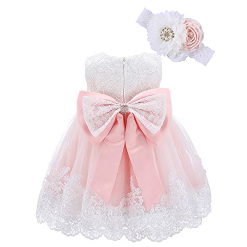 Bow Dream Baby Flower Girl Dresses Lace Bowknot Wedding Pageant Formal Tutu Gown Blush Pink 0-3 Months