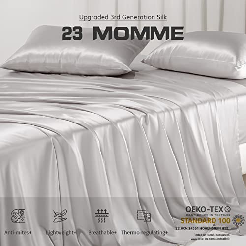 Promeed Mulberry Silk Bed Sheets King Set 23 Momme, 100% Grade 6A+ Silk Sheets 4Pcs Set With Flat Sheet, Fitted Sheet And Pillowcases For Sensitive Skin (Light Grey, King) #TOP1