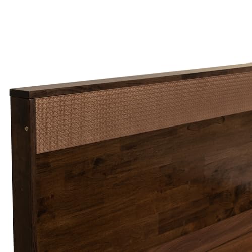 Image of DF2H Bed | 1 Year Warranty | Double Bed, Queen Size, Eurotas Rattan Soft Embossed Solid Wood Headboard, Non-Woven Base & 3mm MDF, Walnut Colour (Melamine Finish)
