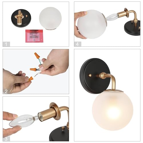 Image of KSANA Sconces Wall Lighting, 1-Light Black and Gold Indoor Wall Sconce Light with Frosted Glass Globe, Wall Sconces for Bedroom, Bathroom, Living Room, Kitchen