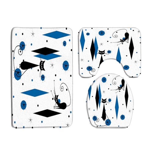 Mid Century Black Cat 3 Pcs Bath Rugs Set,Atomic Starbursts Cat Modern Abstract Geometric Pattern 1950s 60s Retro Bathroom Kitchen Rug with 17.8