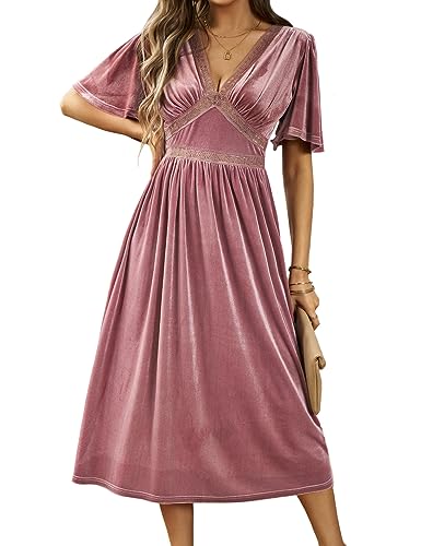 Zilcremo Women Deep V Neck Elegant Velvet Dress Bell Sleeve Lace Flowy Midi Party Dresses Pink XL