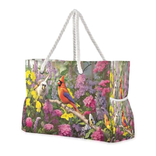 Colorful Bird Garden Beach Bag with Top Zipper Closure, Waterproof Pool Bag, Large Beach Tote for Women#123