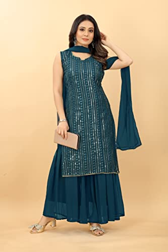 Image of DREAMANGEL FASHION Womens Georgette Embroidered Work Kurta and Sharara with Dupatta