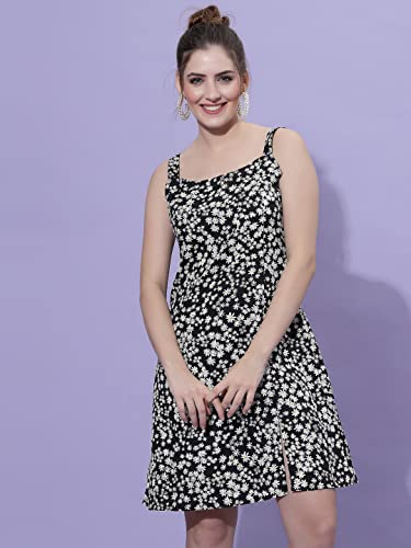 Image of OOMPH! Dress for Women Stylish| Summer Vacation Style |Floral Print Spaghetti Strap |Mini DressFor Women's & Girl's |Lightweight Flared Dress for Casual & Holiday Wear Black