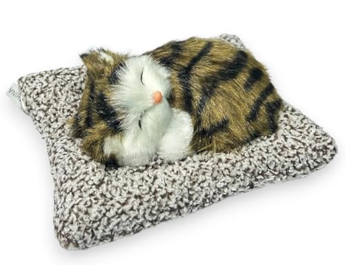 Image of Sleeping Cat Plush Toy with Press Simulation Sound, Sleeping Cat Stuffed Animal Fur Soft Toys with Sound for Kids Car Dashboard Cat & Office Desk (Golden & Black)