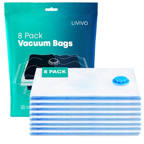 LIVIVO Pack of 8 Premium Vacuum Storage Bags – 50x70cm Medium Space Saver Bags for Clothes, Bedding, Duvets & Pillows – Airtight, Waterproof Compression Pouches (Blue)