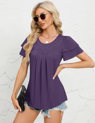KTILG Women's Summer Tops Ruffle Short Sleeve T Shirts Crewneck Pleated Front Blouse Casual4