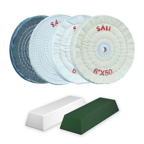SALI 4 Pack 6 Inch Stainless Steel Polishing Buffing Wheel Kit for Bench Grinder kit with 1/2 Inch Arbor Hole Sisal/Denim/2*Cotton Wheel and Bar Green/White Polishing Compound