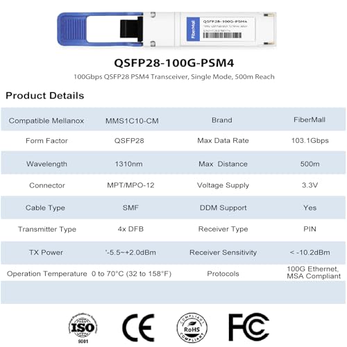 Image of 100G QSFP28 PSM4 Compatible for Mellanox MMS1C10-CM 100GBASE-PSM4 QSFP28 Optical Transceiver Module 1310nm 500m DOM MTP /MPO SMF
