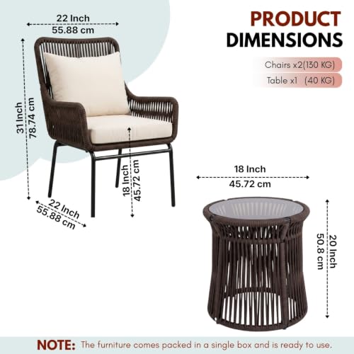 Image of DEVOKO Outdoor 3 Piece Patio Rope Chair Table Set All Weather-Resistant Cushion Handmade Furniture Perfect for Balcony, Garden, Patio, Terrace(Brown & Cream)