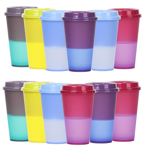 Alohastarttg Color Changing Coffee Cups, 16oz Reusable Coffee Cups with Lids, 12 Pack Hot Coffee Tumbler for Adult Party Favors, Leak-Proof, BPA-free, and Safe for Dishwashers