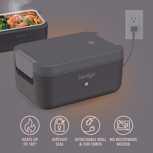 Bentgo Heat - Electric Lunch Box - Portable Food Warmer for Adults, Heated Lunch Box for Work, Travel, School & On the Go, Plug Into Wall or Car, Ideal for Ages 14+, 12V/24V & 120V Cords (Obsidian)