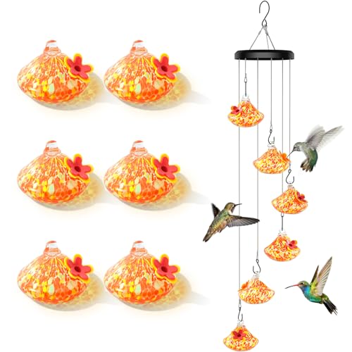 Wind Chime Glass Hummingbird Feeder - 20 Oz Outdoor Hanging Feeder with 6 Ports Attract More Hummingbirds Leak-Proof Design Unique Garden Backyard Decor & Ideal Gift (Orange)