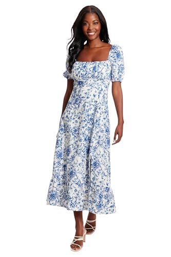 Image of London Times Womens Square Neck Smocked Back Linen Blend Flattering Versatile Spring Summer Garden Party