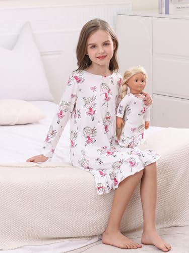 Bow Dream Toddler Girls Casual Dress and Matching American Girl Doll Clothes for Girls Cute Cartoon Kids DressWhite Cartoon2