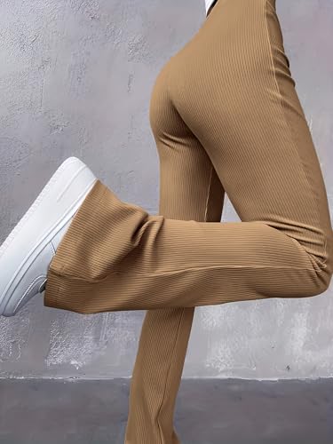 Image of Jawdrobe Women's High Waist Ribbed Flared Pants Stretchable Slim Fit Bootcut Trousers Soft Knit Casual Wear for Daily Office Travel (for Ideal Height 5.3)