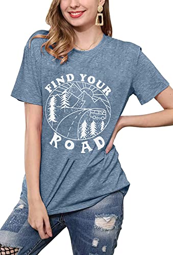 Find Your Road Shirt For Women Camping T-Shirt Travel Shirt Novelty Mountain Graphic Printed Casual Athletic Short Sleeve Round Neck Tee Tops(Blue M) #TOP1