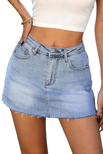 ELLEVEN Denim Skirt with Shorts Mini Skort - Casual Jean Skirts with Raw Hem & Pockets