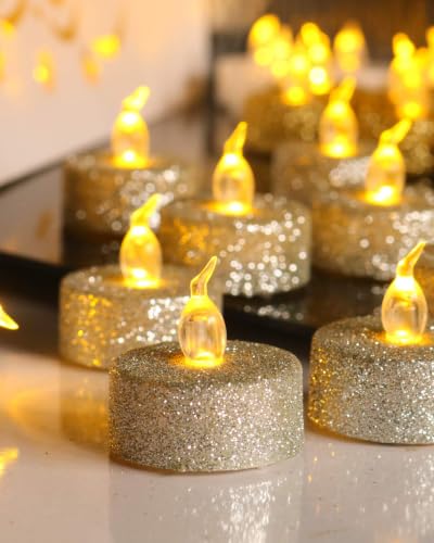 Image of 12Pcs Sliver Glitter Tea Light Candles Battery Operated with Timer