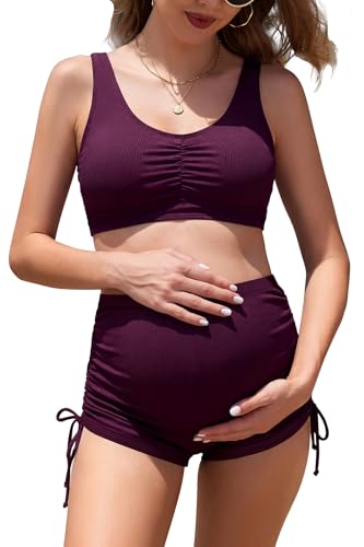 SHEKINI Bikini Premama Dos Piezas Bañador Embarazada Mujer Embarazada Maternidad Cordon Lateral Ajustable Cuello V(XL, Morado)