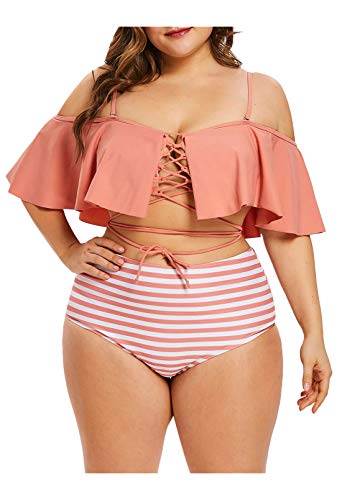 Sovoyontee Women's Plus Size Swimwear Two Piece High Waist Swimsuit, Pink 4XL