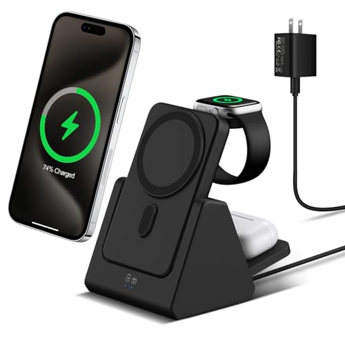 Mag-Safe Charger Wireless Charging Station: 3 in 1 5000mAh Portable Power Bank Compatible for iPhone 15/14/13/12 Series and Apple Watch - Magnetic Charging Stand Black
