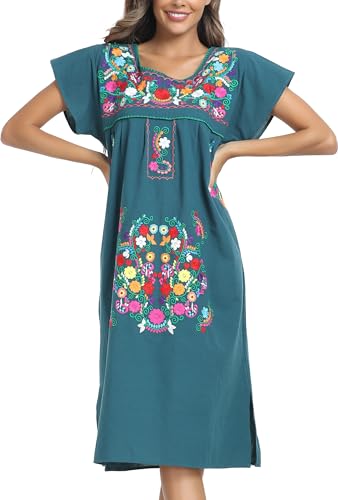 Image of YZXDORWJ Women Mexican Embroidered Long Dress Ruffle Collar Maxi Boho Floral Summer Short Sleeve