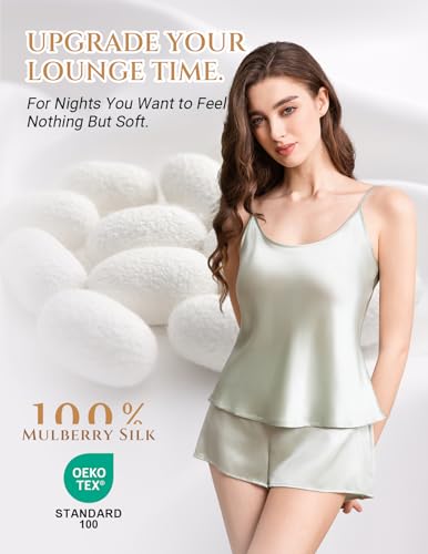 Image of THXSILK 100% Mulberry Silk Women Cami Pajama Set, Tank Top with Shorts Sleepwear, Adjustable Spaghetti Straps, Luxury Pj Set