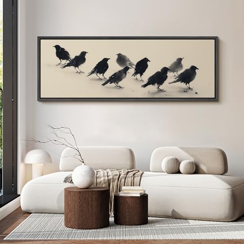 Image of MUDECOR Large Framed Canvas Print Wall Art Minimalist Black Crow Flock Ink Style Neutral Antique Retro Ready to Hang Painting for Living Room Bedroom Multi-Sizes - 60 inchx20 inch
