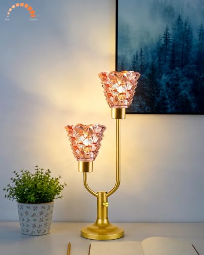 Image of Lightdot Mid Century Modern Glass Table Lamp Dimmable Vintage Pink Lamp | Nightstand Lamp Gold Desk Lamp 2 Bulbs Included 3000K Warmwhite Ambient Bedside Lamps for Bedroom Living Room Home Decor Gift