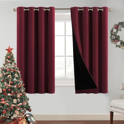 PrinceDeco Christmas Decor 100% Blackout Curtain Panels Noise Reducing and Heat Blocking Drapes for Windows Thermal Insulated Grommet Drapes with Black Liners (Burgundy Red,2 PCs,W52 x L54)