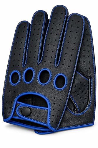 Image of Riparo Men's Leather Driving Gloves - Genuine Cowhide Full-Finger Gloves for Driving & Motorcycle Riding - Breathable Perforated Motorsport Style