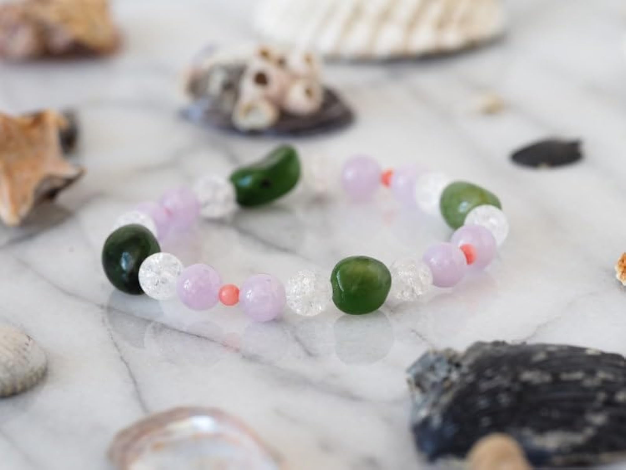 Natural Mauve Jade & Crackle Quartz 8mm Round Bead Stretchable Bracelet, Unisex